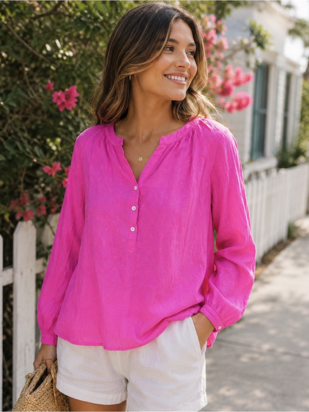 217. Relaxed Split-Neck Button Blouse in Bright Pink